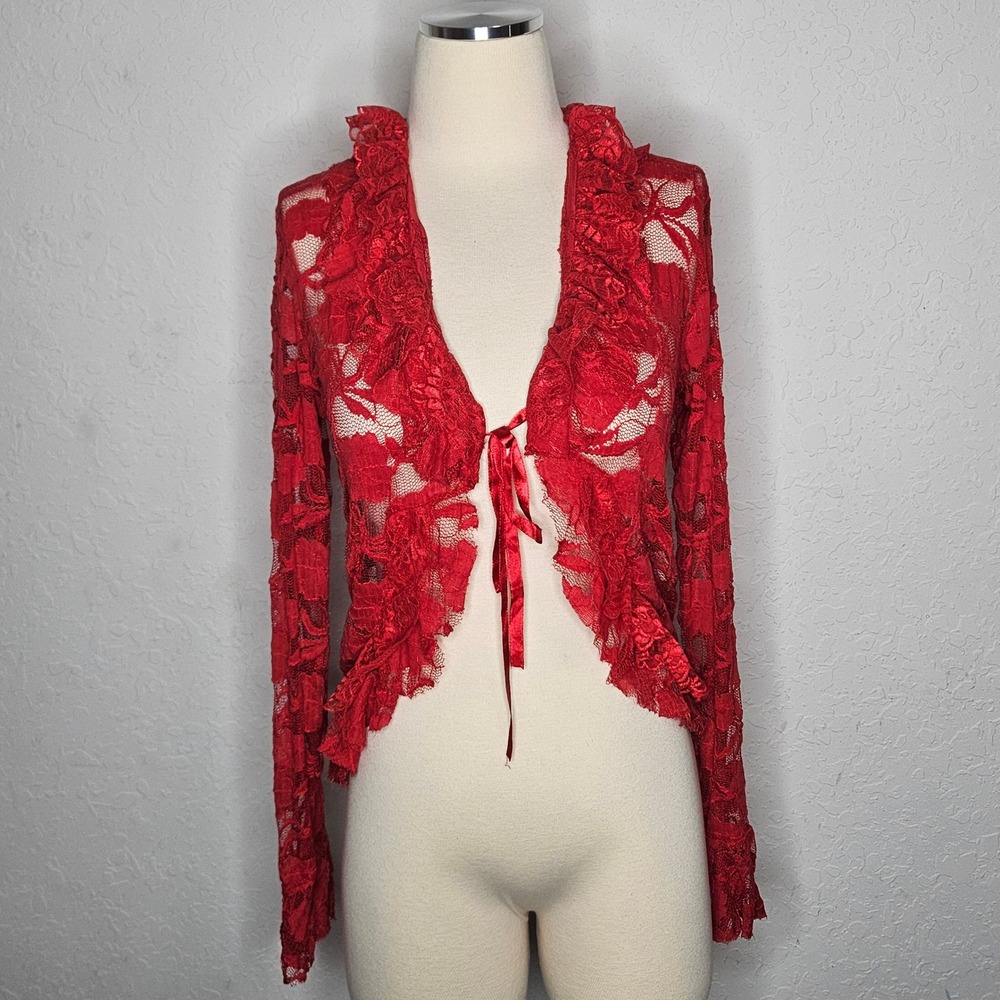 Style Red Floral Lace Ruffle Cardigan Sheer Tie Front Long Sleeve Y2K Top S M